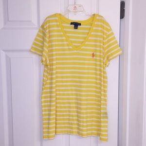 large yellow and white striped polo tee